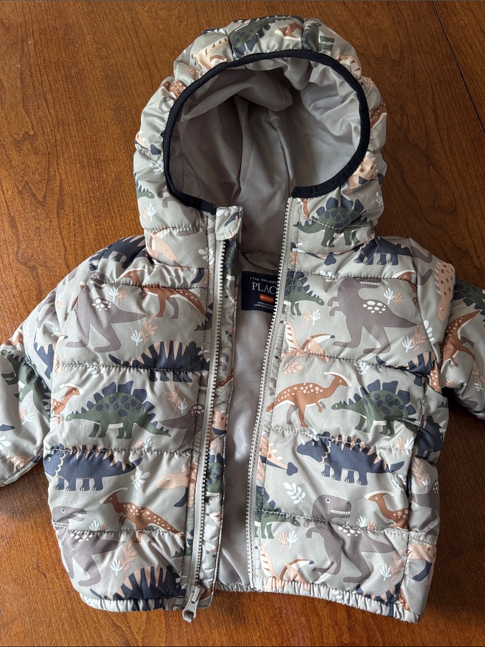 The Children's Place Hooded Dino Puffer Jacket - Gray, Green, Tan